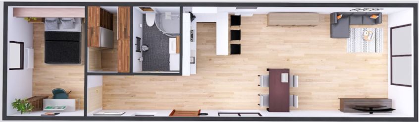Domek Mobilny TYTAN 4.5 m x 15.5m - Wariant B - Plan z wizualizacją