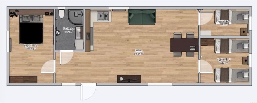Domek Mobilny TYTAN 4.5m x 14m - Wariant D - Plan z meblami
