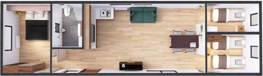 Domek Mobilny TYTAN 4.5m x 14m - Wariant D - Plan z wizualizacją
