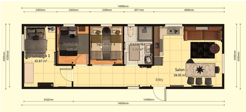 Domek Mobilny TYTAN 4.5m x 14m - Wariant E - Plan z wymiarami