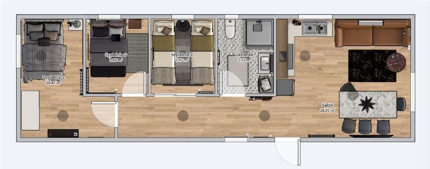 Domek Mobilny TYTAN 4.5m x 14m - Wariant E - Plan z meblami