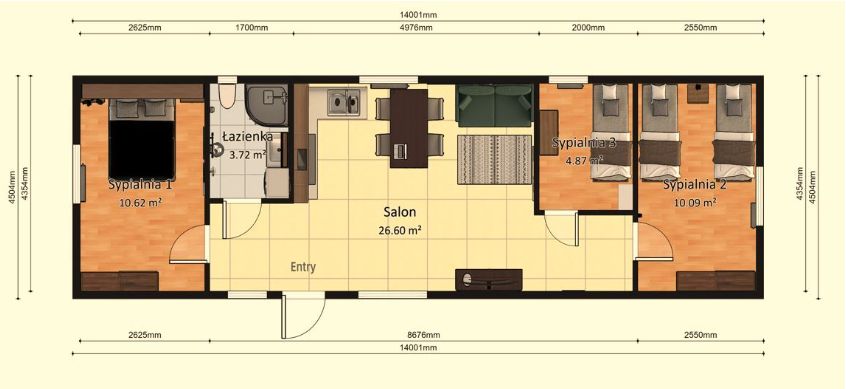Domek Mobilny TYTAN 4,5m x 14m - Wariant F - Plan z wymiarami