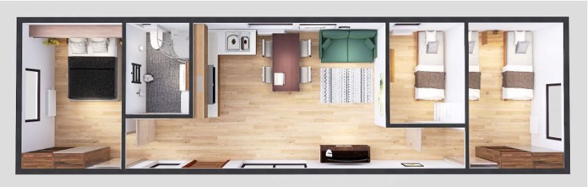 Domek Mobilny TYTAN 4,5m x 14m - Wariant F - Plan z wizualizacją